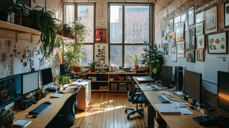 A vibrant creative office space featuring natural light, greenery, and modern furniture. Ideal for showcasing productivity, organization, and design.の素材