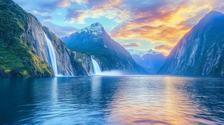 Discover the breathtaking beauty of cascading waterfalls surrounded by majestic mountains and a serene lake during a stunning sunset. Experience tranquility in nature.の素材