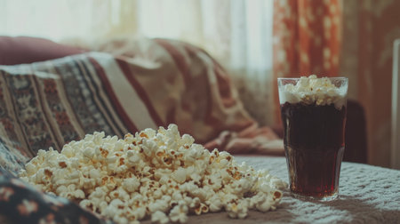 A cozy living room scene featuring a generous amount of popcorn spilled on the couch beside a chilled glass of soda, perfect for a movie night.の素材