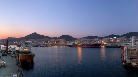 Beautiful landscape of a port city at sunset, showcasing boats and mountains with a tranquil water surface reflecting the evening sky.の素材