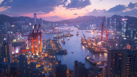 A stunning panoramic view of a vibrant city skyline at dusk, showcasing a bustling harbor filled with ships and illuminated buildings against a twilight sky.の素材