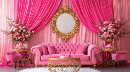 A stunning pink living room featuring a plush sofa, floral arrangements, and gold accents. Perfect for interior design inspiration and stylish decor.の素材