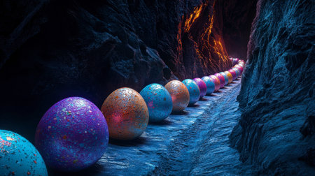 A captivating scene of colorful eggs arranged in a mystical cavern. The vibrant hues and dramatic lighting create an enchanting atmosphere, inviting exploration.の素材