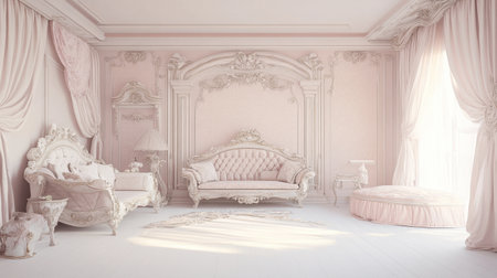 A beautifully designed vintage room featuring soft pink tones and elegant decor. This serene space emphasizes luxury, comfort, and timeless beauty, perfect for interior inspiration.の素材