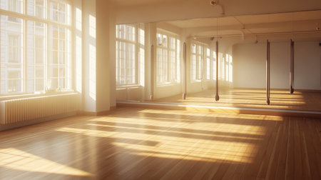 A bright and spacious studio featuring large windows that allow natural light to fill the room. The warm wooden floor creates a serene atmosphere, ideal for various activities.の素材