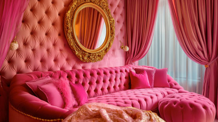 Discover a luxurious pink living room featuring a plush sofa, elegant decor, and rich fabrics, perfect for creating a warm and inviting atmosphere.の素材