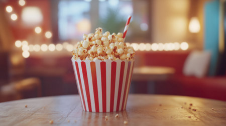 A vibrant image of classic popcorn in a striped cup with a straw, perfect for enhancing cozy movie nights or festive gatherings. Enjoy this delightful snack.の素材