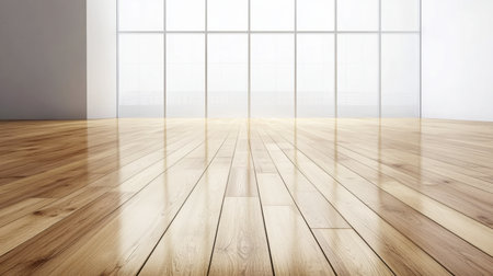 A beautifully lit interior space featuring a polished wooden floor and expansive windows. The warm sunlight creates a tranquil and inviting atmosphere.の素材