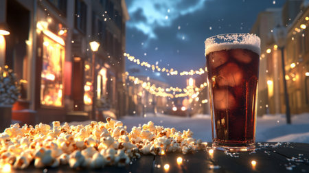 A vibrant winter evening scene featuring a glass of cold drink beside popcorn on a snowy street, adorned with festive lights, creating a cozy atmosphere.の素材