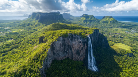 Experience the breathtaking beauty of a majestic waterfall cascading down a lush green cliff, surrounded by towering mountains and a serene landscape.の素材