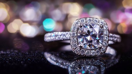 Stunning closeup of an elegant diamond ring set against a vibrant bokeh background, capturing the essence of luxury and beauty in jewelry design.の素材