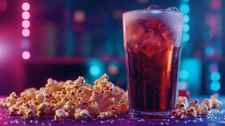 A refreshing drink in a glass with ice, paired with buttery popcorn, set against a vibrant and colorful background, perfect for a fun gathering.の素材
