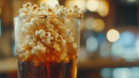 A refreshing drink topped with popcorn creates a fun and inviting atmosphere. Perfect for gatherings, movie nights, or casual enjoyment.の素材