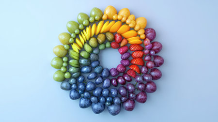 A vibrant circular arrangement of fresh fruit showcasing a rainbow of colors. This artwork emphasizes healthy eating and the beauty of natureの素材