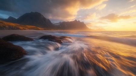 A breathtaking scene of a beach at sunset, featuring waves gently lapping against rocks with majestic mountains in the background under a glowing sky.の素材