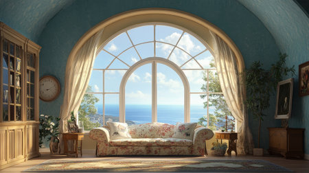 Charming living room featuring a large window with a stunning view of the coastline. Soft light fills the space, creating an inviting and tranquil atmosphere.の素材