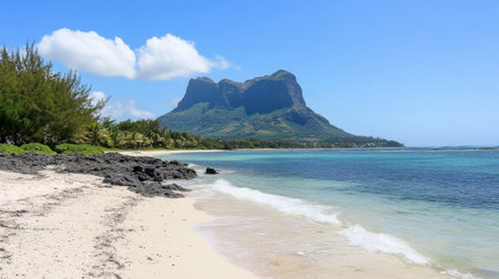 A serene beach scene featuring soft sand and clear waters, framed by a stunning mountain backdrop. Perfect for relaxation and nature lovers.の素材