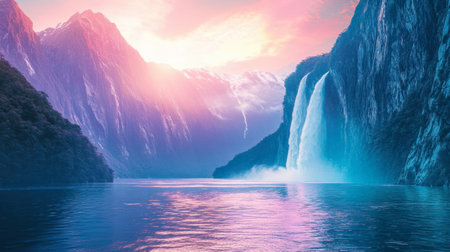 A stunning waterfall cascades down rugged mountains, surrounded by vibrant colors at sunset. This serene landscape offers a breathtaking view of nature's beauty.の素材