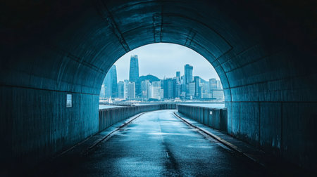 Captivating view from an urban tunnel highlighting a serene city skyline with cool tones, offering a unique perspective of modern architecture and motion.の素材