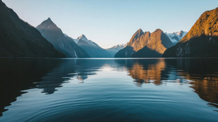 A breathtaking view of a calm lake surrounded by majestic mountains, reflecting the clear blue sky, perfect for showcasing natural beauty and tranquility.の素材
