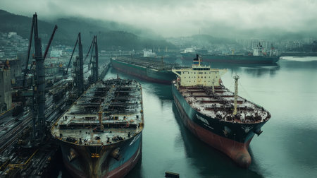 A serene harbor scene featuring large ships docked in a misty environment. The calm water reflects the foggy weather, evoking a tranquil maritime atmosphere.の素材