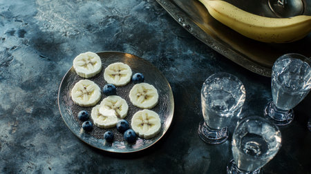 A rustic display of fresh banana slices and blueberries on a silver plate, accompanied by glasses, perfect for a healthy snack or elegant dessert setting.の素材