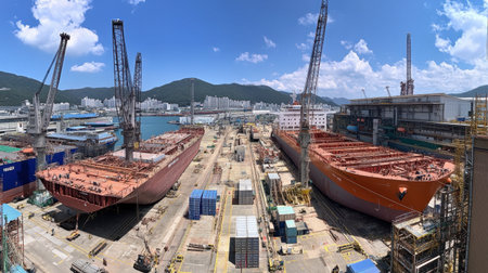 A panoramic view of a large shipbuilding yard showcasing vessels under construction. Cranes and heavy machinery dominate the scene against a vibrant blue sky.の素材