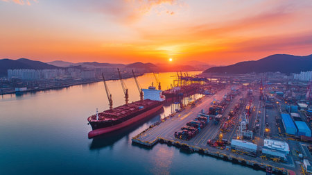 A breathtaking aerial view of a busy harbor at sunset, featuring docked cargo ships and cranes busy with maritime activities. The serene atmosphere enhances the scenic beauty of the coastline.の素材