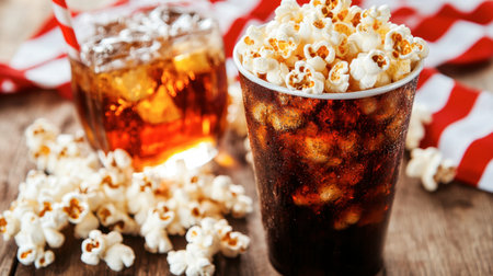 Enjoy a delightful movie night setup featuring popcorn and a refreshing drink. Perfect for sharing with friends and family during film time.の素材