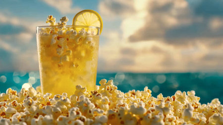 A refreshing drink with lemon sits amidst a pile of popcorn on a sunny beach, creating a vibrant scene perfect for summer vibes and snack time.の素材