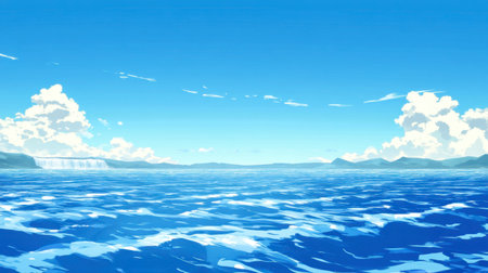 A tranquil ocean landscape showcasing vibrant blue waters under a clear sky with fluffy clouds, perfect for evoking a sense of peace and relaxation.の素材