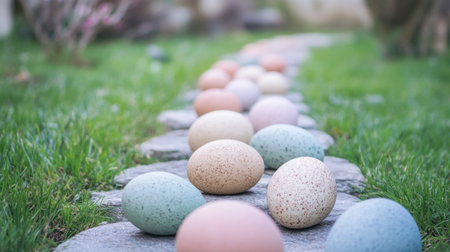 Vibrant, colorful eggs arranged along a stone pathway in a serene garden setting, capturing the essence of springtime and festive celebrations.の素材