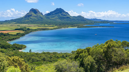 Captivating landscape featuring lush mountains overlooking a tranquil coastline, showcasing bright blue waters and vibrant greenery under a clear sky.の素材