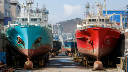 A vibrant scene of colorful fishing boats in a shipyard, showcasing the process of maintenance and repair amidst a bustling industry environment.の素材