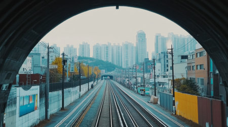 A captivating view of urban railway tracks leading towards high-rise buildings, showcasing the blend of city infrastructure and modern architecture.の素材