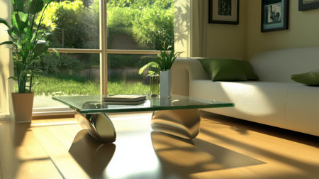 Bright and modern living room featuring a glass coffee table, plush sofa, and indoor plants. Sunlight streams through a large window, creating a serene atmosphere.の素材