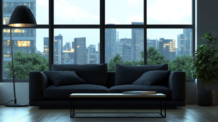 A stylish living room featuring a comfortable sofa and warm lighting, showcasing a stunning city skyline view through large windows. Ideal for modern decor themes.の素材