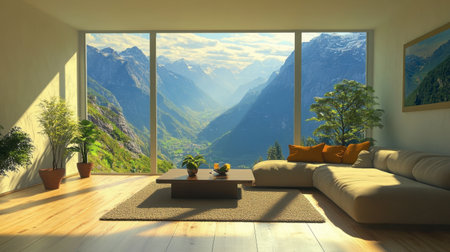 A cozy living room featuring a stunning mountain view through large windows, perfect for relaxation and enjoying natural scenery.の素材