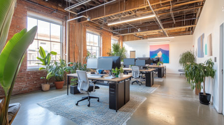 A spacious and inviting modern office featuring natural light, greenery, and stylish decor, perfect for promoting productivity and creativity. Ideal for co-working and collaboration.の素材