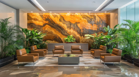 A serene modern lobby featuring elegant furnishings and a striking stone accent wall, complemented by lush green plants, creating a welcoming atmosphere.の素材