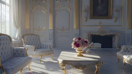 A beautifully designed living room featuring luxurious furniture, ornate decor, and stunning floral arrangements, conveying a sense of elegance and tranquility.の素材