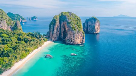 A stunning aerial view of a tropical beach surrounded by lush greenery and dramatic rock formations. Experience the serene beauty of crystal clear waters.の素材