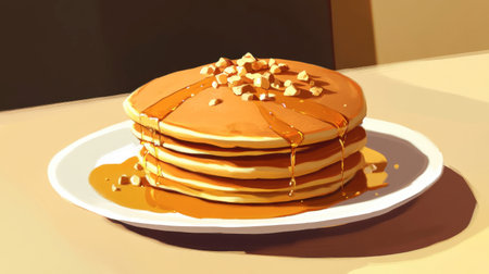 A mouthwatering stack of pancakes drizzled with syrup and topped with crunchy nuts, perfect for breakfast or brunch. Ideal for food lovers.の素材