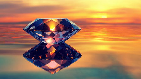 A stunning diamond rests on shimmering water, reflecting a vibrant sunset. This beautiful visual combines luxury and nature, creating an elegant scene.の素材