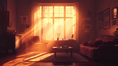 A cozy living room bathed in warm sunset light, showcasing comfortable furniture and green plants. This serene space invites relaxation and tranquility.の素材