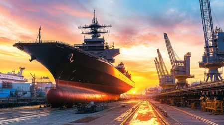 A stunning ship docked in a busy harbor at sunset, showcasing the beautiful interplay of colors in the sky and the industrial setting of the dockyard.の素材