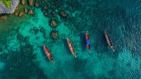 This aerial view captures vibrant longtail boats anchored in crystal-clear waters, showcasing a stunning tropical landscape perfect for travel and adventure.の素材