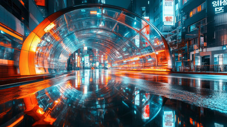 A captivating urban nightscape featuring neon lights and stunning reflections in a modern tunnel. The vibrant city atmosphere offers a surreal perspective of contemporary architecture.の素材