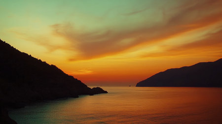 A breathtaking sunset paints the sky with vibrant colors over serene hills and calm ocean waters, creating a perfect backdrop for relaxation and tranquility.の素材