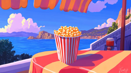 A vibrant scene featuring a bowl of popcorn on a striped table overlooking a beautiful ocean view. Perfect for summertime relaxation and enjoyment.の素材